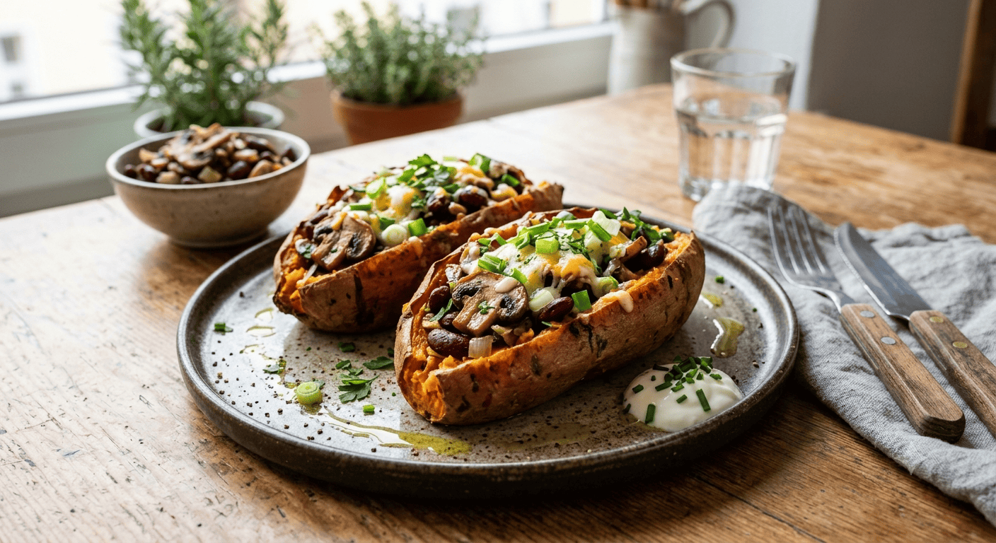 Gefüllte Süßkartoffeln mit Pilzen und Kidneybohnen