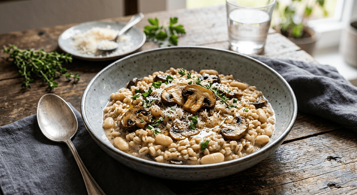 Gerstenrisotto mit Champignons und weißen Bohnen
