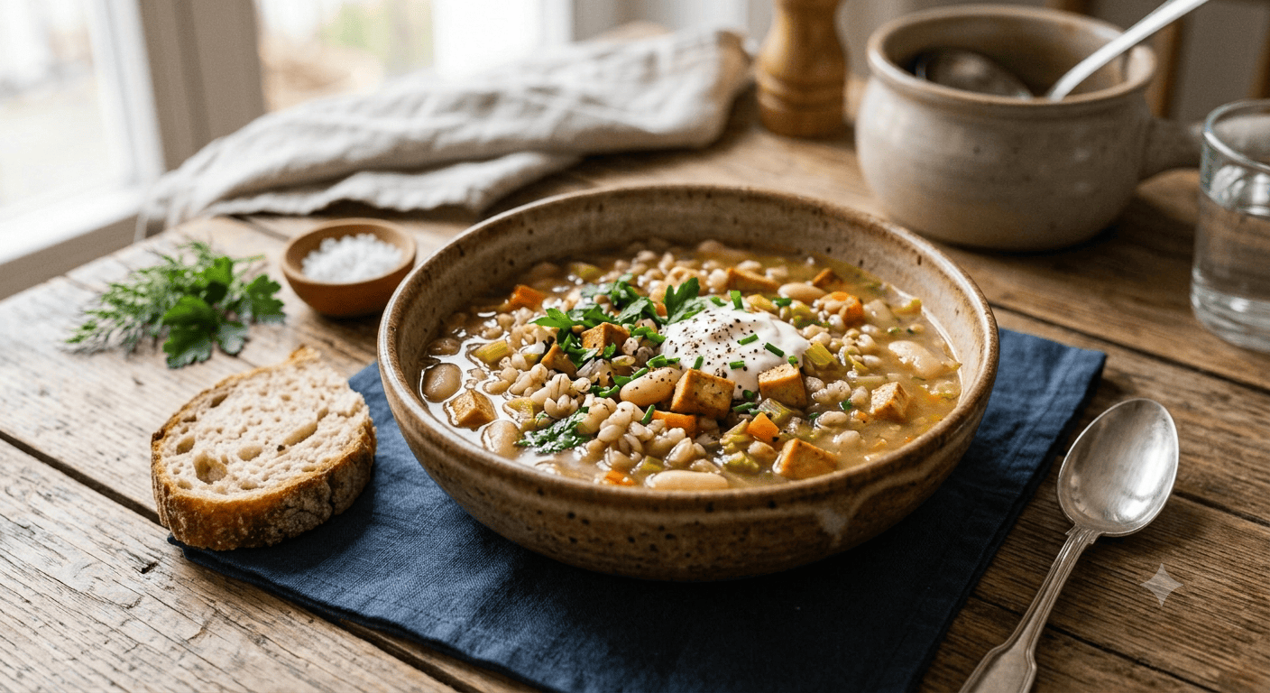 Gerstlsuppe mit Räuchertofu und weißen Bohnen