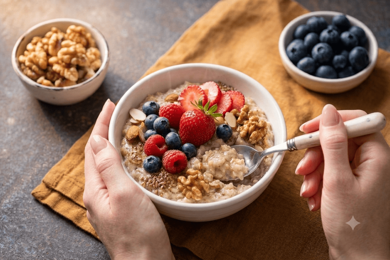 Haferporridge mit Beeren und Nüssen