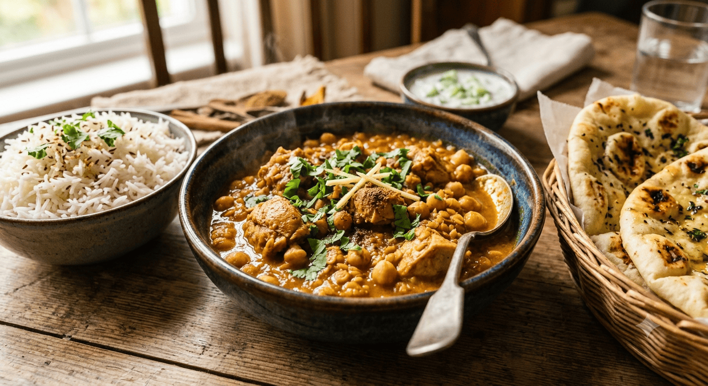 Indisches Hühnercurry mit Kichererbsen & roten Linsen