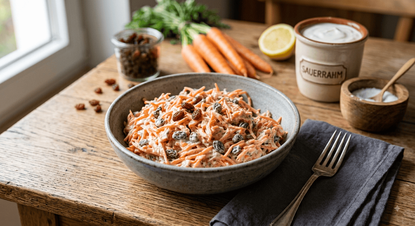 Karottensalat mit Sauerrahm und Rosinen