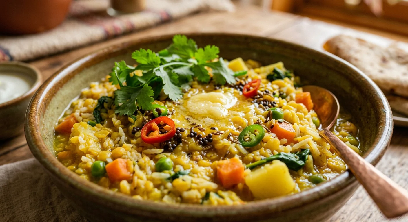 Masala-Khichdi in einer Tonschüssel, mit Gemüse, Senfkörnern, einem Stück Ghee und Koriander obenauf