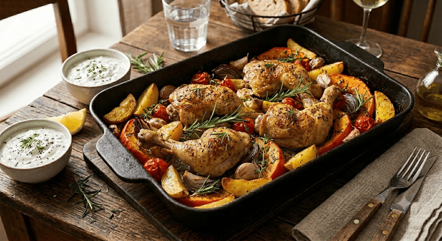 Kürbis, Kartoffeln und Hähnchenschenkel aus dem Backofen