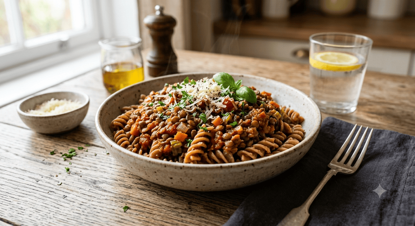 Vollkornnudeln mit Linsen-Bolognese
