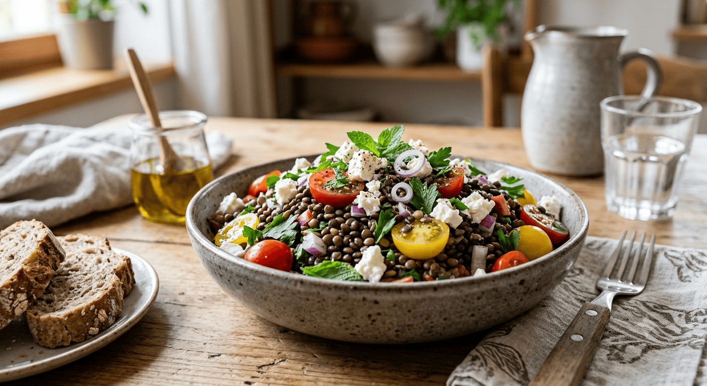 Linsensalat mit Paradeisern und Feta