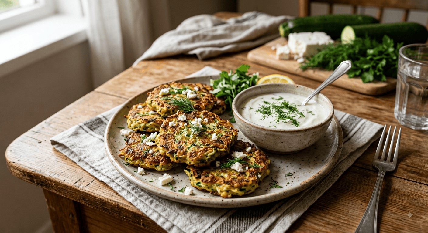 Mücver – Zucchinipuffer mit Feta und Joghurtdip