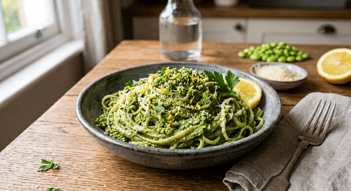 Nudeln mit Edamame-Zitronen-Pesto