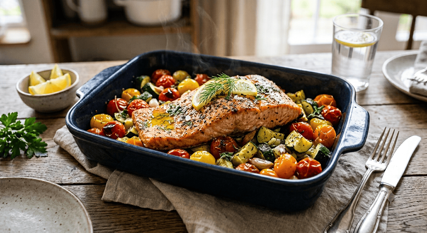 Ofenlachs mit Cherrytomaten und Zucchini