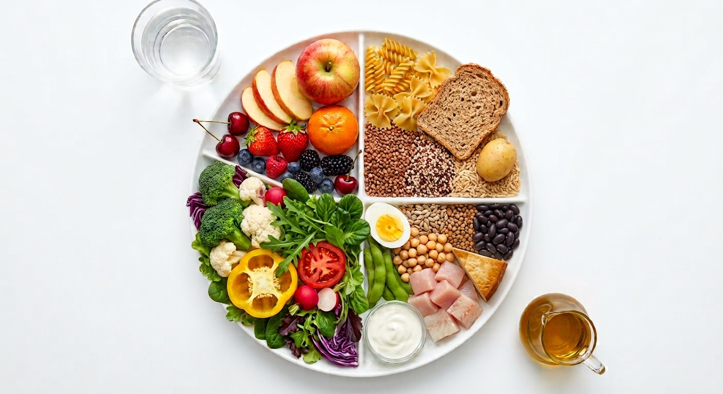 Der ausgewogene Teller: zur Hälfte Gemüse und Obst, je ein Viertel Vollkorn und Protein