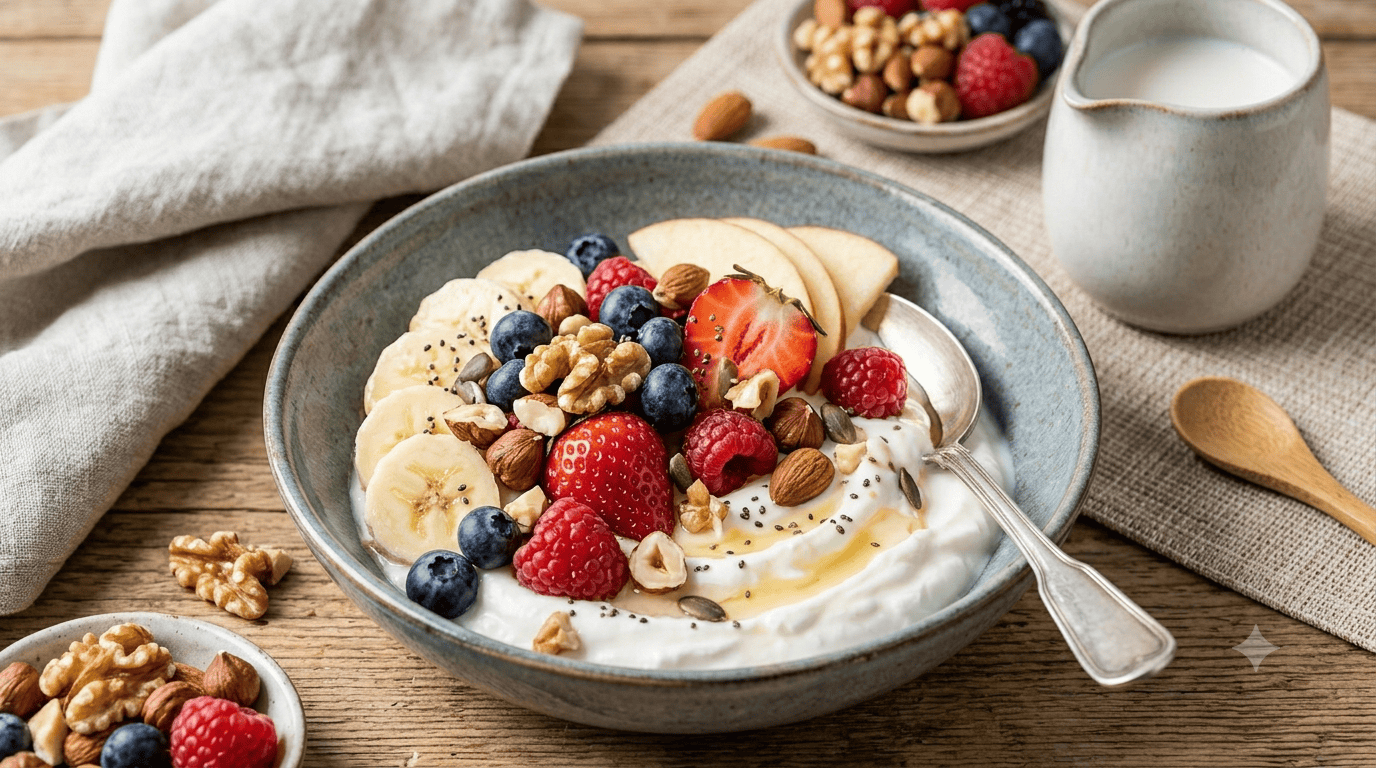 Topfenschüssel mit Obst und Nüssen