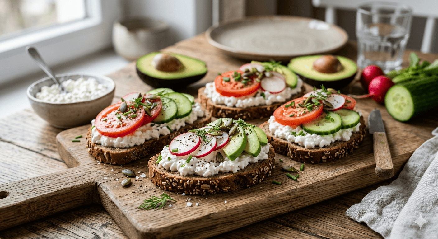 Herzhaftes Vollkornbrot mit Hüttenkäse und Gemüse