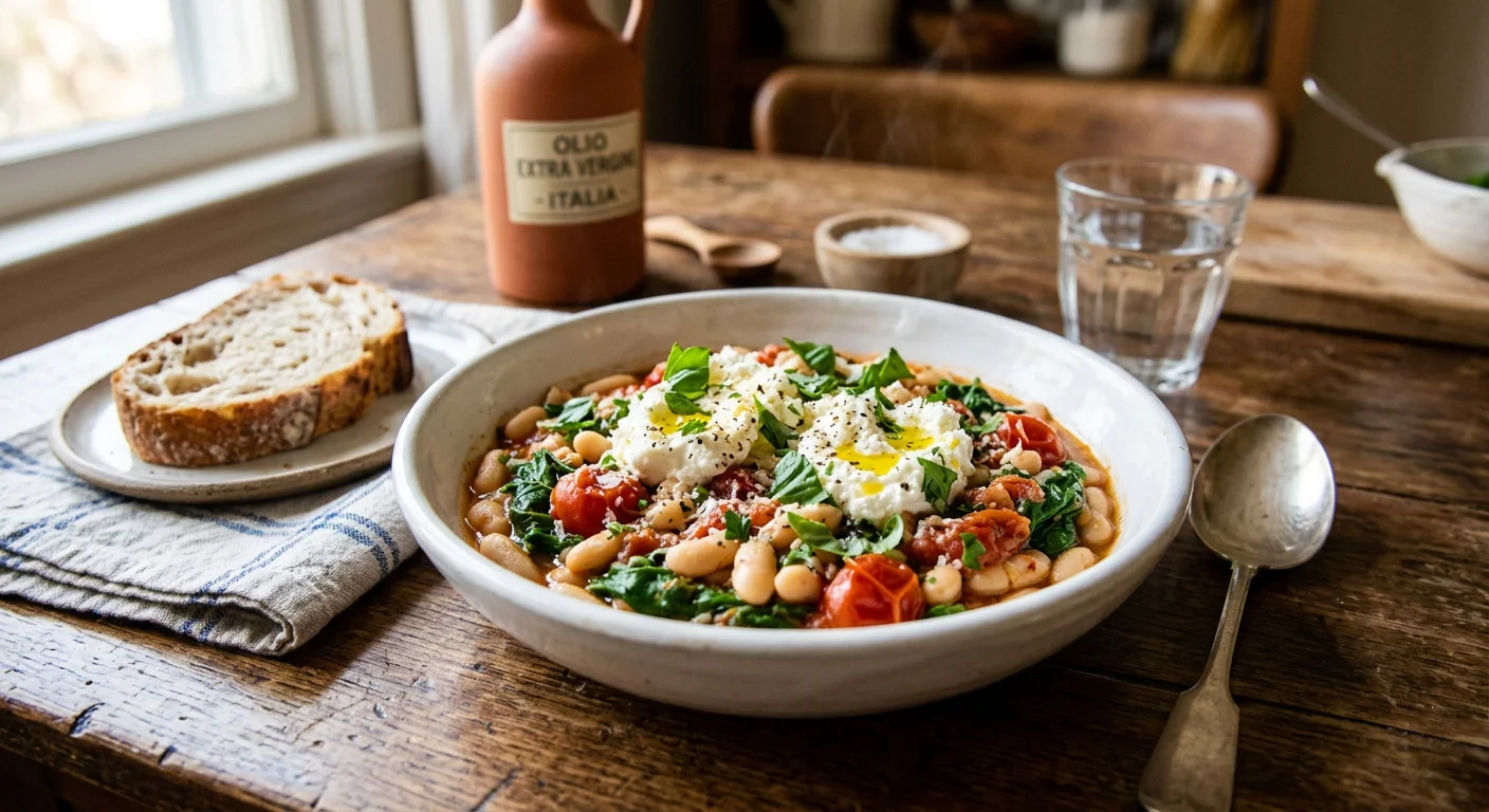 Weiße Bohnen mit Paradeisern, Spinat und Ricotta
